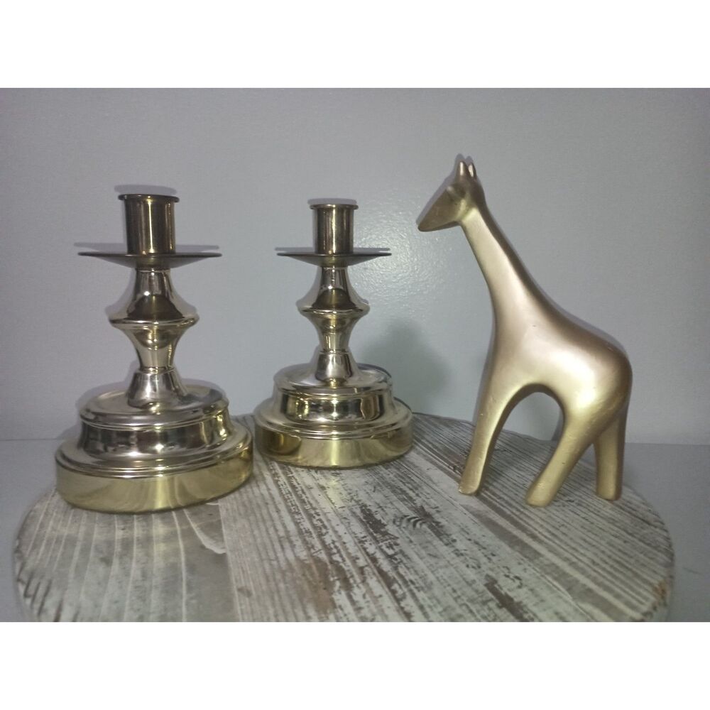Vintage Brass Candle Holders with Round Base (Set of 2) & Gold Giraffe Figurine